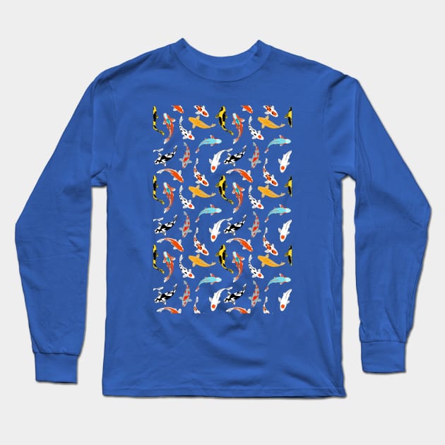 Koi Fish Design | Seamless Pattern | Blue | Navy Background Long Sleeve T-Shirt by Koiartsandus